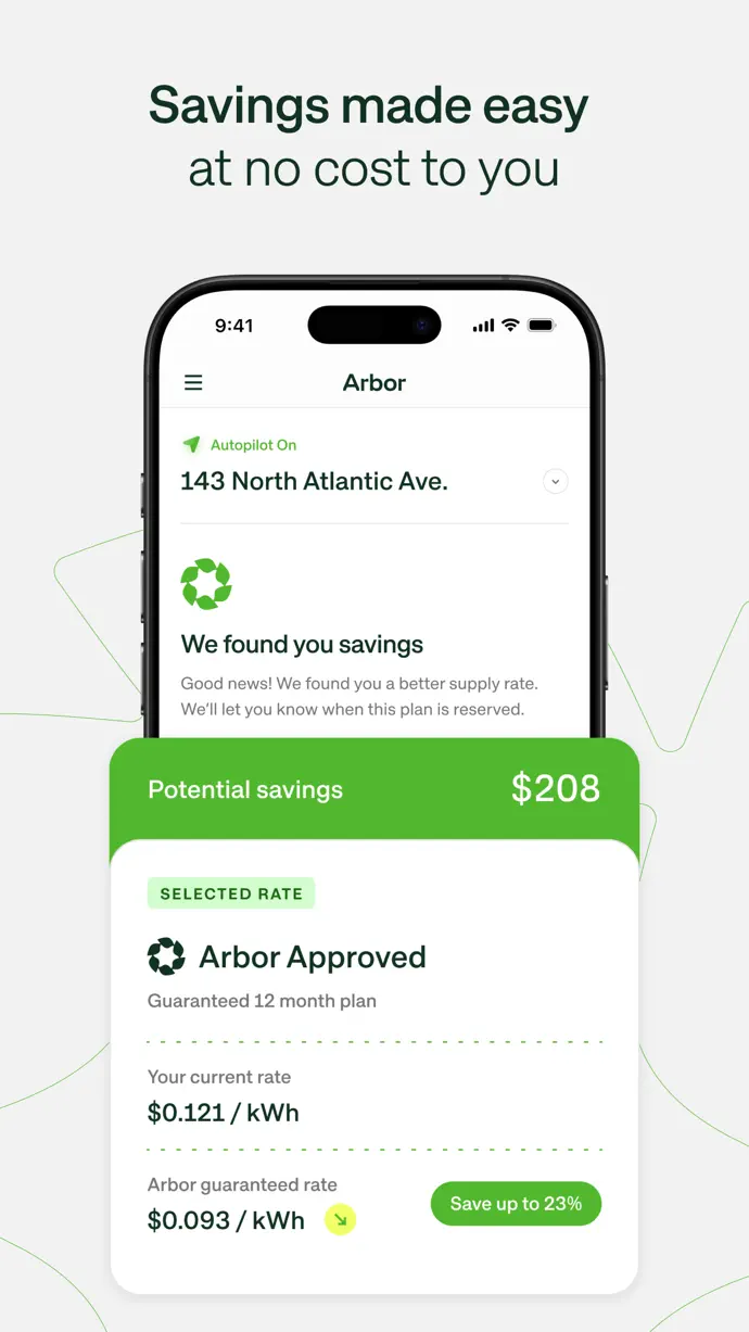 Arbor app showing $208 in potential savings on an electric plan